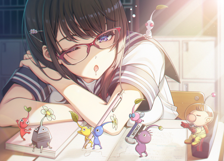 1girl blue_pikmin blue_sailor_collar blurry blurry_background book brown_hair chair chestnut_mouth choppy_bangs classroom crossed_arms desk eraser hair_ornament hairclip highres hunched_over ikeda_yasuhiro looking_down nintendo olimar one_eye_closed open_book original pencil pencil_case pikmin_(creature) pikmin_(series) purple_eyes purple_pikmin red-framed_eyewear red_pikmin rock_pikmin sailor_collar saliva school_chair school_desk school_uniform semi-rimless_eyewear shirt sidelocks squeans sunlight white_pikmin white_shirt winged_pikmin yellow_pikmin
