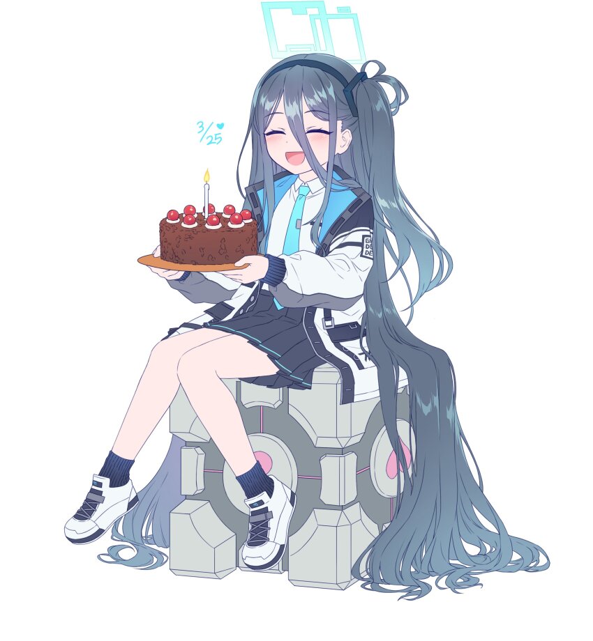 1girl absurdly_long_hair absurdres aperture_science_weighted_companion_cube aris_(blue_archive) birthday black_hair black_hairband black_skirt blue_archive blue_necktie cake candle crossover food hair_spread_out hairband halo highres jacket kaoling long_hair meme multicolored_jacket necktie one_side_up open_clothes open_jacket portal_(series) portal_1 school_uniform shirt sitting sitting_on_object skirt smile solo the_cake_is_a_lie_(meme) two-tone_jacket very_long_hair white_shirt