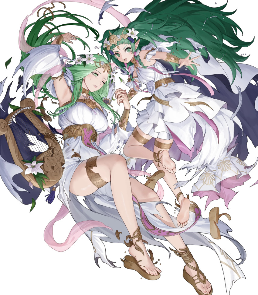 2girls barefoot breasts dress fire_emblem fire_emblem:_three_houses fire_emblem_heroes flower green_eyes green_hair hair_flower hair_ornament harp highres instrument large_breasts long_hair matching_hair/eyes matching_outfits mother_and_daughter multiple_girls nintendo non-web_source official_alternate_costume official_art one_eye_closed pointy_ears rhea_(aura_of_love)_(fire_emblem) rhea_(fire_emblem) sandals sothis_(aura_of_love)_(fire_emblem) sothis_(fire_emblem) thigh_strap toeless_legwear toes torn_clothes torn_footwear unworn_sandals very_long_hair white_dress white_flower wince