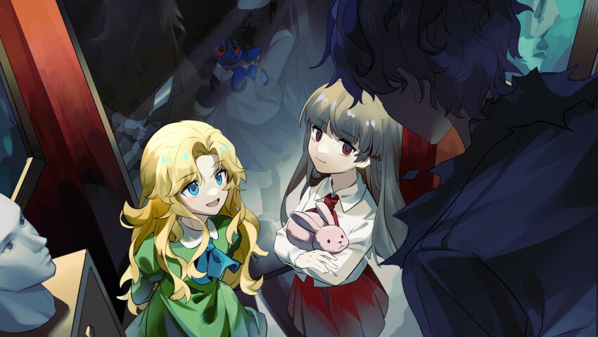 1boy 2girls :d aqua_ascot aqua_eyes arms_behind_back ascot blonde_hair brown_hair collared_shirt doll_(ib) dress from_above garry_(ib) green_dress highres holding holding_toy ib_(ib) ib_(kouri) long_hair looking_at_another looking_up mary_(ib) multiple_girls open_mouth purple_hair red_ascot red_eyes red_skirt shirt short_hair skirt smile toy white_shirt xunjn1