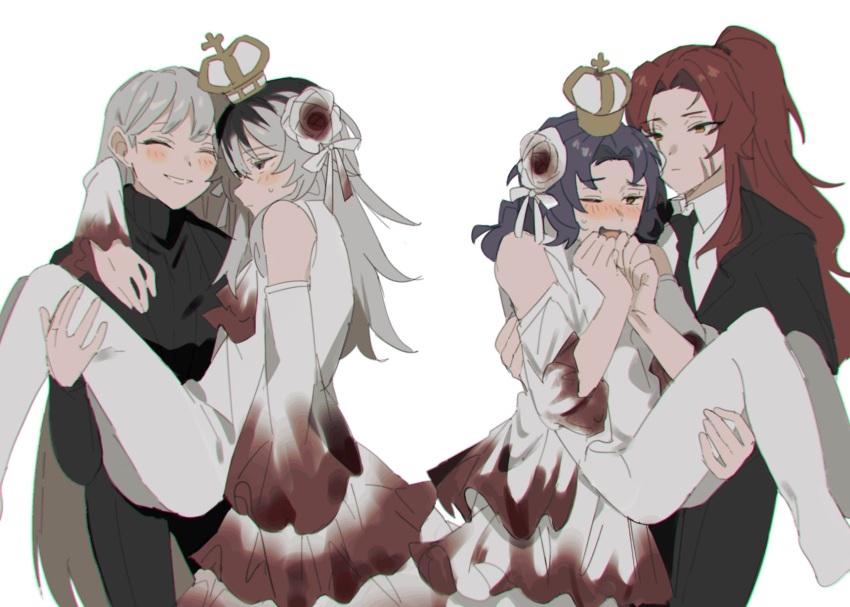 2boys 2girls angelica_(project_moon) black_hair black_pants black_sweater blue_hair bodysuit carrying carrying_person chesed_(project_moon) crown detached_sleeves dress e.g.o_(project_moon) faded_memories_(e.g.o) gebura_(project_moon) hair_ribbon high_ponytail highres library_of_ruina long_hair long_sleeves mu46016419 multicolored_hair multiple_boys multiple_girls one_eye_closed ozma_(project_moon) pants ponytail project_moon red_hair reverse_princess_carry ribbon roland_(project_moon) simple_background streaked_hair sweater very_long_hair white_background white_bodysuit white_dress white_hair white_ribbon wide_sleeves yellow_eyes