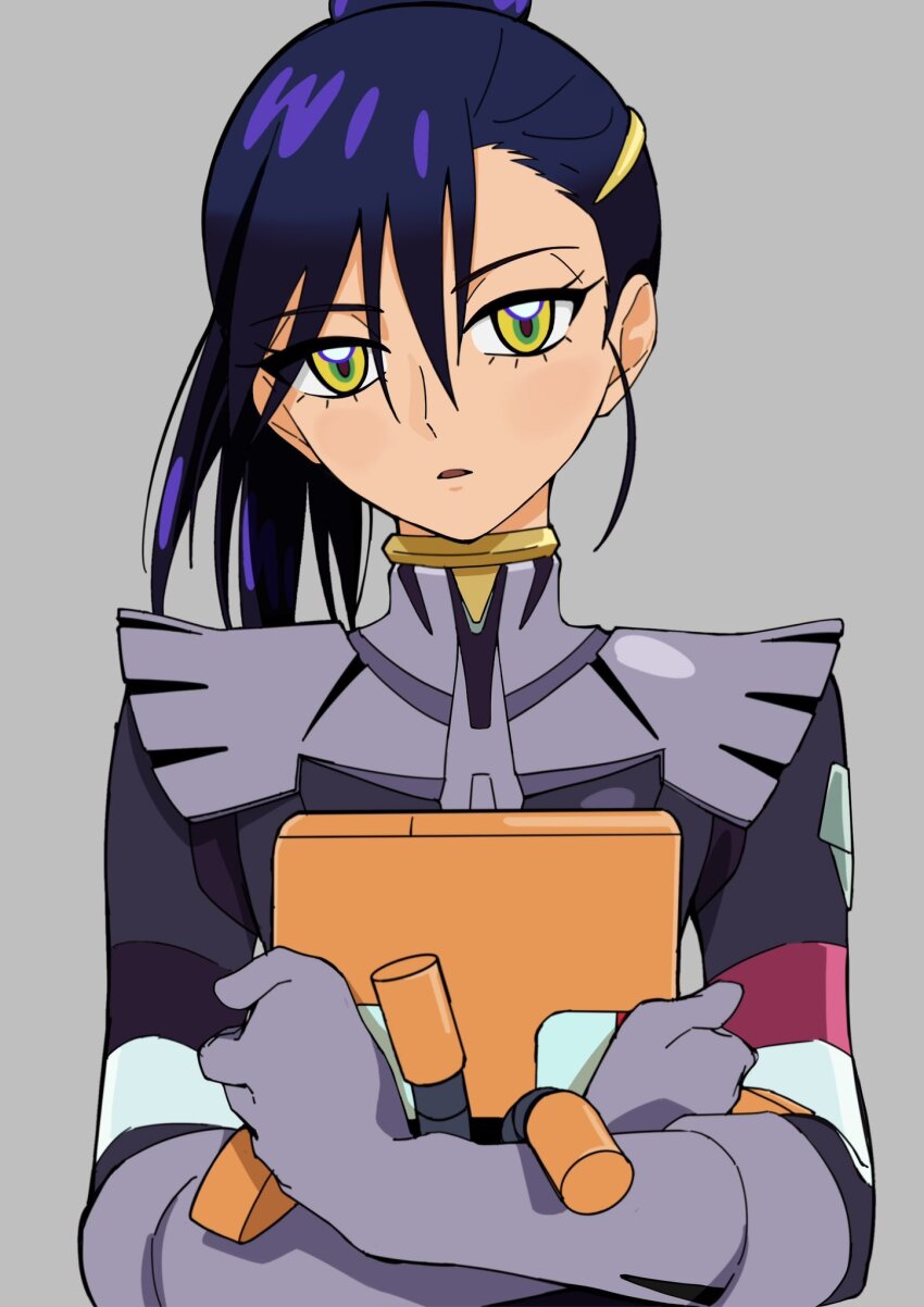 1girl conch_(gundam) grey_background gundam gundam_gquuuuuux hair_ornament hairclip highres holding long_hair looking_at_viewer mecha_pilot_suit non-humanoid_robot nyaan_(gundam_gquuuuuux) open_mouth ponytail purple_hair robot simple_background solo upper_body yellow_eyes yy_shibata