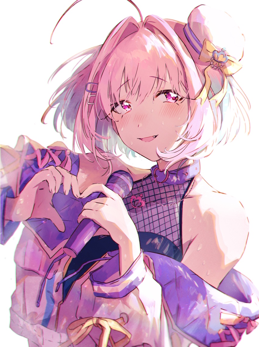 1girl absurdres ahoge bare_shoulders blush collar drawstring fang fishnet_top fishnets hair_between_eyes hair_intakes hair_ornament hairclip hamachamu hands_up hat hat_ribbon heart heart_hands highres holding holding_microphone idolmaster idolmaster_cinderella_girls jacket long_sleeves looking_at_viewer microphone mini_hat multicolored_hair nervous_smile nervous_sweating open_clothes open_jacket open_mouth pink_collar pink_eyes pink_hair pink_jacket ribbon sidelighting smile solo sweat two-tone_hair upper_body yellow_ribbon yumemi_riamu