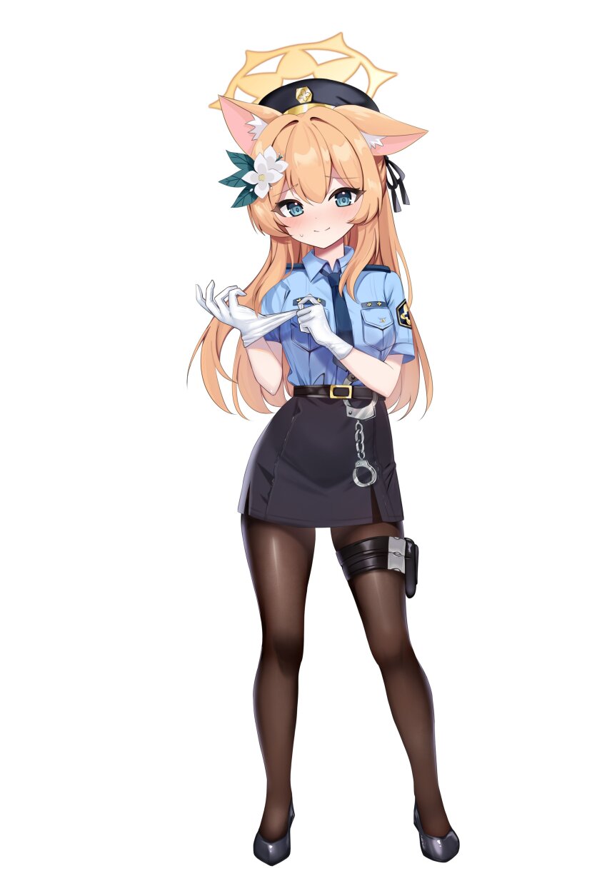 1girl absurdres adjusting_clothes adjusting_gloves animal_ear_fluff animal_ears black_pantyhose black_skirt blue_archive blue_eyes blue_shirt blush cat_ears closed_mouth cuffs female_service_cap flower gloves hair_between_eyes hair_flower hair_ornament halo handcuffs hat highres holster japan_national_police long_hair long_sleeves looking_at_viewer mari_(blue_archive) necktie orange_hair pantyhose pencil_skirt police police_hat police_uniform policewoman putting_on_gloves rinringyo shirt simple_background skirt smile solo standing thigh_holster white_background white_flower white_gloves yellow_halo
