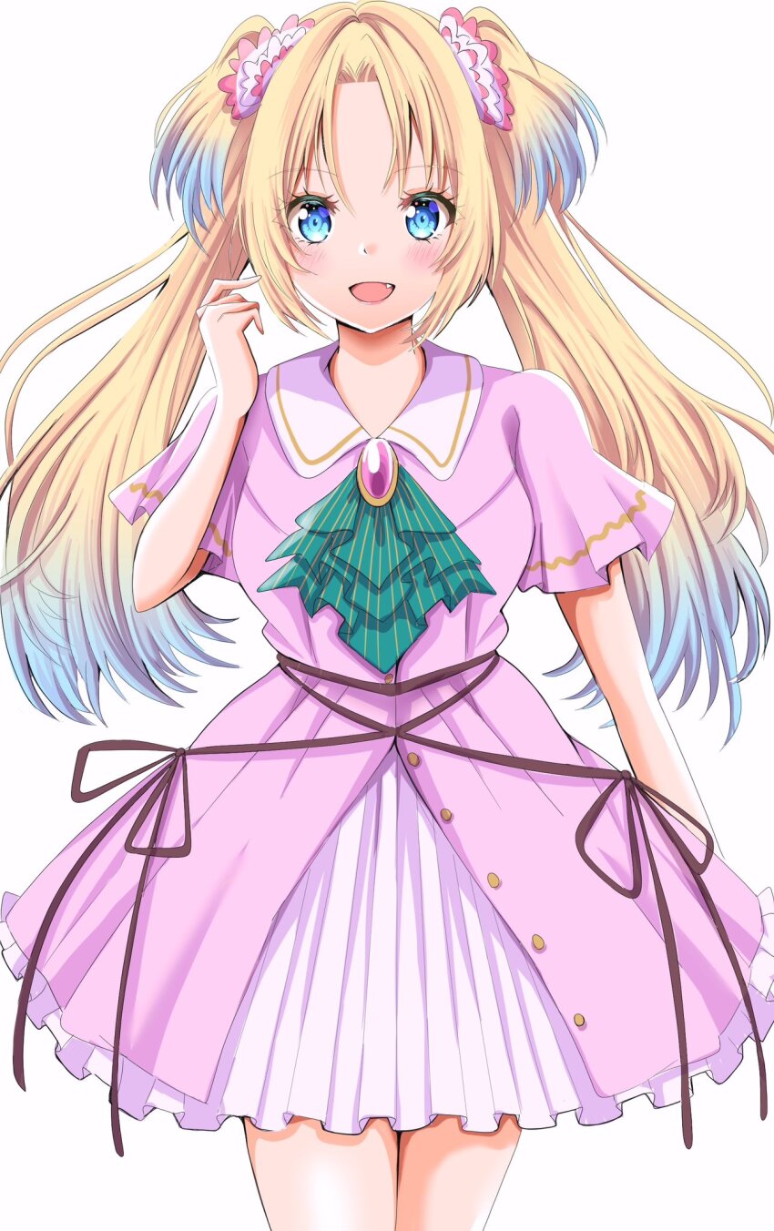 1girl :d ascot blonde_hair blue_eyes blue_hair blush brooch collared_dress commentary cowboy_shot dream_believers dress fang flower frilled_dress frills gradient_hair green_ascot hair_flower hair_intakes hair_ornament hand_up highres jewelry layered_dress light_blue_hair link!_like!_love_live! long_hair looking_at_viewer love_live! maymaru medium_dress multicolored_hair official_alternate_costume open_mouth osawa_rurino parted_bangs pink_dress pink_flower short_sleeves simple_background smile solo twintails virtual_youtuber white_background