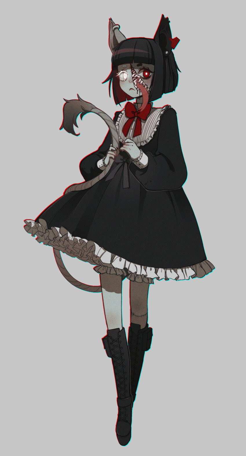 1girl animal_ears bad_link black_bow black_dress black_hair black_nails blood blood_on_face blunt_bangs body_horror boots bow bright_pupils colored_inner_hair colored_skin commission dress ear_tag earrings ecto_(vtuber) frilled_dress frills frown full_body grey_background grey_skin heterochromia highres holding_own_tail horror_(theme) indie_virtual_youtuber jewelry knee_boots lace-up_boots long_sleeves looking_at_viewer missusruin mouse_ears mouse_girl mouse_tail multicolored_hair nail_polish puffy_sleeves red_bow red_eyes sharp_teeth short_hair simple_background solo stitched_leg stitches tail teeth tongue undead virtual_youtuber white_eyes white_pupils
