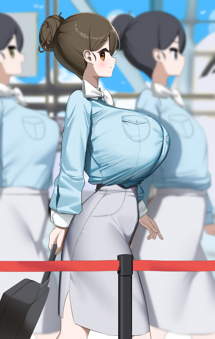 3girls absurdres black_hair blue_shirt breasts brown_eyes brown_hair curvy from_side grey_skirt hair_bun hair_ornament hair_stick highres huge_breasts large_breasts looking_at_viewer looking_to_the_side multiple_girls narrow_waist nicorima official_alternate_costume original shirt shirt_tucked_in skirt small_breasts smile walking