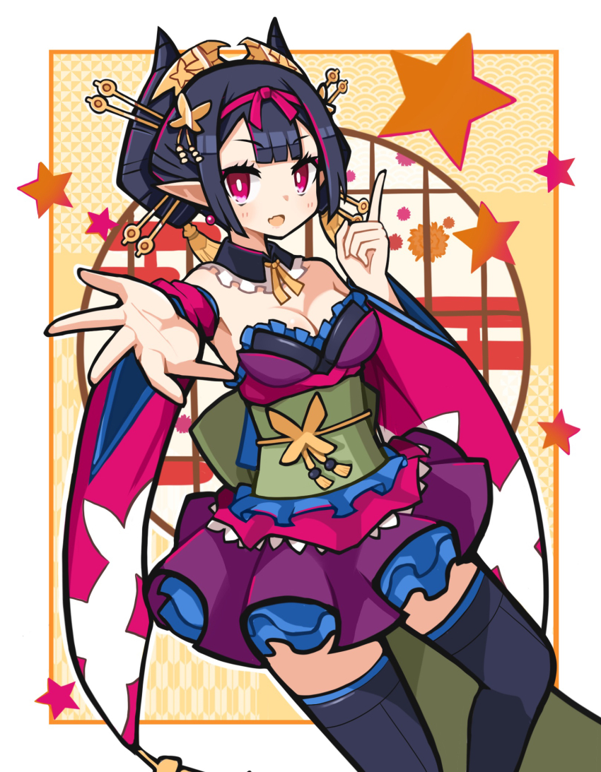 1girl :d animal_print bare_shoulders black_hair blunt_bangs blunt_sidelocks blush body_blush bow breasts butterfly_hair_ornament butterfly_ornament butterfly_print cleavage collar datehyogo demon_girl detached_sleeves disgaea earrings fang floral_background frilled_collar frilled_skirt frills front-seamed_legwear geisha gold gold_headdress green_sash hair_ornament hair_ribbon hair_stick headdress highres index_finger_raised japanese_clothes jewelry kanzashi kimono long_sleeves looking_at_viewer maiko_(disgaea) makai_senki_disgaea_7 medium_breasts miniskirt nihongami obi obiage obijime open_mouth pink_eyes pink_sleeves pointy_ears print_sleeves purple_skirt reaching reaching_towards_viewer red_eyes red_ribbon ribbon sash seamed_legwear shiny_skin short_hair short_kimono skirt smile solo sphere_earrings standing star_(symbol) star_symbol_background suaman tassel thighhighs waist_bow
