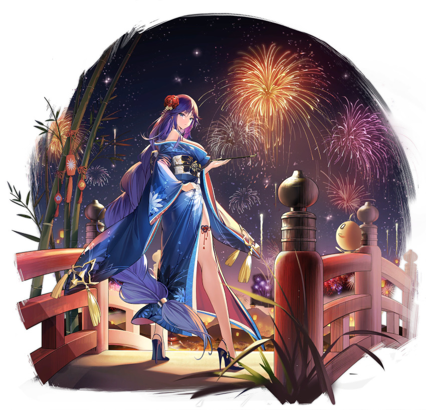 1girl absurdly_long_hair azur_lane bare_shoulders biloxi_(azur_lane) biloxi_(night_sky&#039;s_brilliant_blue_blossoms)_(azur_lane) black_footwear blue_kimono braid breasts fireworks floral_print flower full_body hair_flower hair_ornament high_heels highres holding holding_smoking_pipe japanese_clothes kimono long_hair looking_at_viewer looking_back manjuu_(azur_lane) medium_breasts off_shoulder official_alternate_costume official_art pavapo purple_eyes purple_hair red_flower sash single_braid smoking_pipe solo transparent_background very_long_hair white_sash wide_sleeves