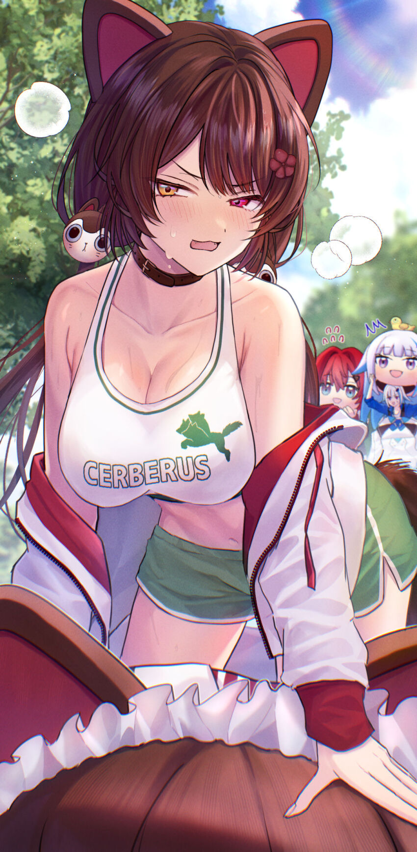 3girls :d ^^^ alternate_costume ange_katrina animal animal_ears animal_hair_ornament animal_on_head animal_print arm_support armpit_crease bare_shoulders bird bird_on_head black_shorts blue_eyes blue_shirt blush breasts brown_collar brown_hair brown_tail cerberus cleavage clothes_writing collar collarbone commentary_request crop_top day dog_ears dog_girl dog_tail dolphin_shorts english_text fangs flower flying_sweatdrops hair_flower hair_ornament half-closed_eyes hanging_breasts heterochromia highres holding_mascot_head inui_toko jacket jacket_partially_removed kashiwagi_touko large_breasts leaning_forward lens_flare lize_helesta lize_helesta_(1st_costume) long_hair long_sleeves looking_at_viewer low_twintails mascot_costume mascot_head midriff multiple_girls navel nijisanji on_head open_clothes open_jacket open_mouth outdoors puff_of_air purple_eyes red_eyes red_hair sanbaka_(nijisanji) sebastian_piyodore shirt short_shorts shorts smile sunlight sweat tail tank_top tree twintails very_long_hair virtual_youtuber white_hair white_jacket white_shirt white_tank_top yellow_bird yellow_eyes