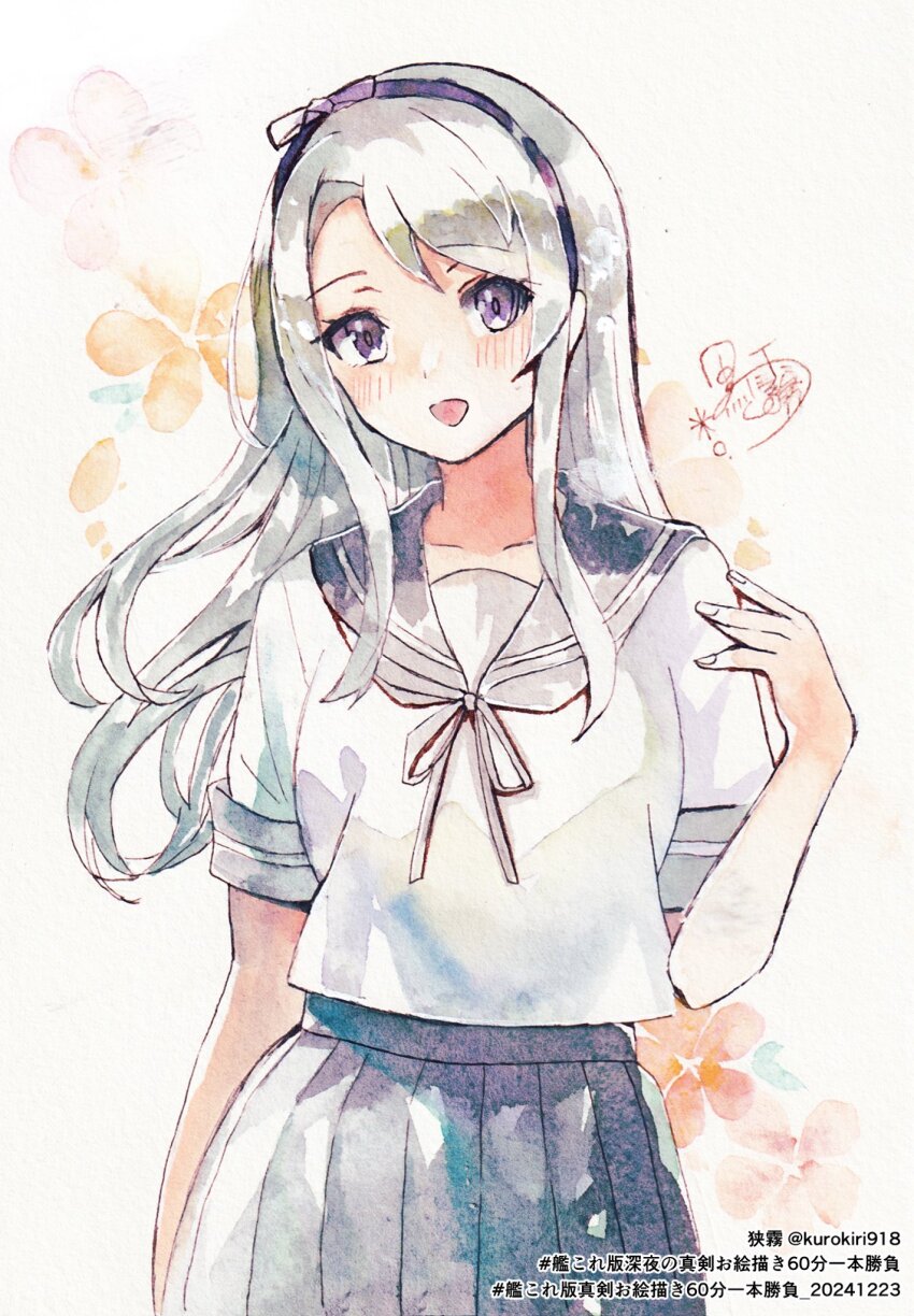 1girl :d black_bow black_hairband blush bow bow_hairband collarbone commentary_request cowboy_shot fantasydolce floral_background grey_hair grey_neckerchief grey_sailor_collar grey_skirt hairband hashtag highres kantai_collection long_hair long_sidelocks neckerchief one-hour_drawing_challenge open_mouth painting_(medium) paper_texture parted_bangs photo_(medium) pleated_skirt purple_eyes sagiri_(kancolle) sailor_collar shirt short_sleeves sidelocks signature skirt smile solo standing traditional_media twitter_username watercolor_(medium) white_background white_shirt