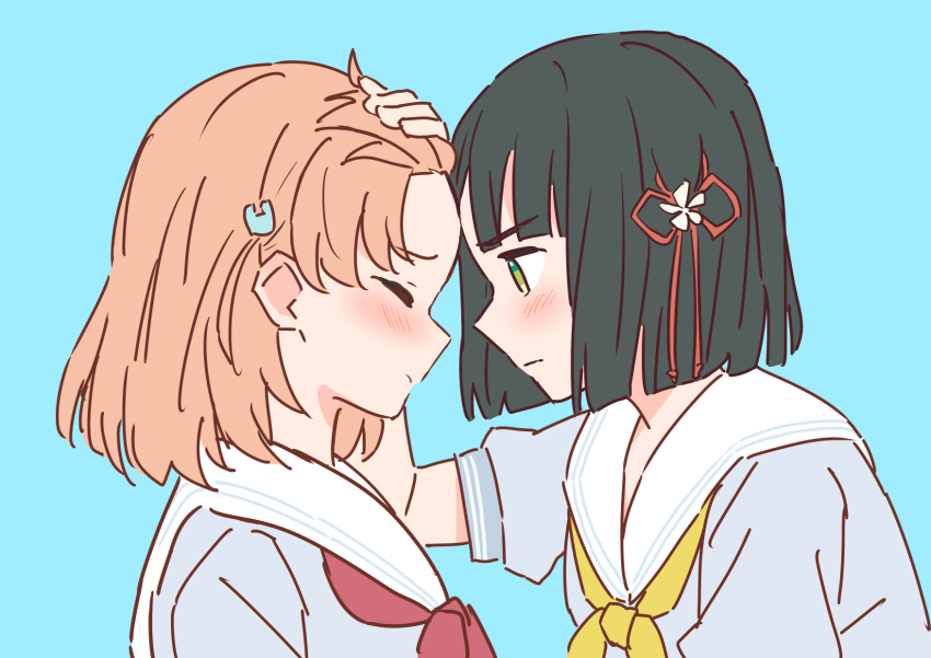2girls blue_background blue_dress blunt_bangs blunt_ends blush bob_cut cerise_bouquet closed_eyes closed_mouth commentary dress flower flower_knot forehead-to-forehead green_eyes hair_flower hair_ornament hand_on_another&#039;s_head hasu_no_sora_school_uniform heads_together highres hinoshita_kaho link!_like!_love_live! looking_at_another love_live! medium_hair momose_ginko multiple_girls neckerchief nogreen orange_hair rabbit_hair_ornament red_neckerchief sailor_collar school_uniform short_hair simple_background summer_uniform two_side_up upper_body virtual_youtuber white_flower white_sailor_collar yellow_neckerchief