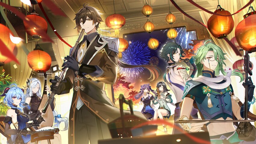 3boys 4girls absurdres baizhu_(genshin_impact) bare_shoulders black_gloves black_hair black_pantyhose blue_hair china_dress chinese_clothes closed_eyes closed_mouth cone_hair_bun detached_sleeves double_bun dress fireworks food ganyu_(genshin_impact) ganyu_(twilight_blossom)_(genshin_impact) genshin_impact gloves goat_horns grey_hair hair_between_eyes hair_bun highres holding holding_food holding_instrument horns instrument keqing_(genshin_impact) keqing_(opulent_splendor)_(genshin_impact) lan_yan_(genshin_impact) long_sleeves looking_at_another looking_at_viewer multiple_boys multiple_girls official_alternate_costume official_alternate_hairstyle pantyhose plus_q purple_hair shenhe_(frostflower_dew)_(genshin_impact) shenhe_(genshin_impact) sitting smile twintails xiao_(genshin_impact) zhongli_(genshin_impact)