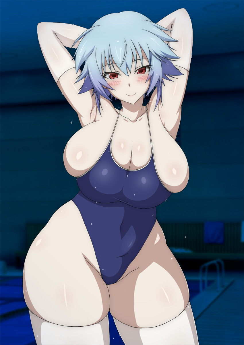 1girl absurdres alternate_breast_size arm_up armpits arms_behind_head arms_up blue_hair blue_one-piece_swimsuit blush breasts cleavage covered_navel curvy half-closed_eyes highleg highleg_one-piece_swimsuit highres huge_breasts indoors infinite_stratos looking_at_viewer messy_hair new_school_swimsuit one-piece_swimsuit plump pool presenting_armpit red_eyes sarashiki_tatenashi school_swimsuit shiny_skin short_hair skindentation smile solo space_gorilla standing sweat swimsuit thighhighs thighs white_thighhighs