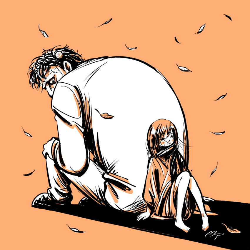 1boy 1girl back-to-back barefoot blush_stickers child closed_eyes falling_leaves frankenstein frankenstein&#039;s_monster halloween highres leaf looking_back masked_p messy_hair monochrome object_through_head orange_theme screw_in_head shadow sitting size_difference smile stitched_face stitches