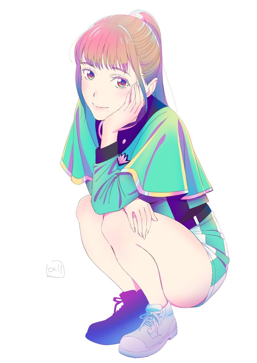 1girl animification brown_eyes brown_hair capelet closed_mouth full_body green_capelet green_jacket hayami_sena highres jacket long_hair looking_at_viewer mashin_sentai_kiramager nori_(norimakigumo) ponytail shoes shorts simple_background smile sneakers solo super_sentai white_background white_shorts