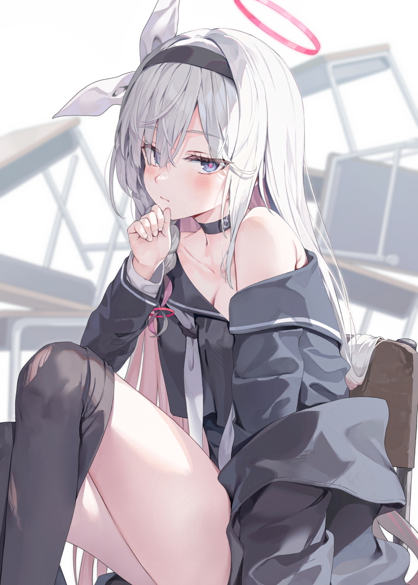 1girl absurdres black_choker black_coat black_eyes black_hairband black_pantyhose black_sailor_collar black_serafuku black_shirt black_skirt blue_archive blush bow braid breasts choker closed_mouth clothes_pull coat colored_inner_hair desk expressionless feet_out_of_frame grey_hair hair_bow hair_over_one_eye hairband halo hand_on_own_chin highres huwari_(dnwls3010) knees_up long_hair long_sleeves looking_at_viewer multicolored_hair neckerchief off_shoulder on_chair open_clothes open_coat pantyhose pantyhose_pull pink_hair plana_(blue_archive) red_halo red_pupils sailor_collar school_desk school_uniform serafuku shirt side_braid sitting skirt small_breasts solo stroking_own_chin thighs torn_clothes torn_pantyhose very_long_hair white_bow white_neckerchief