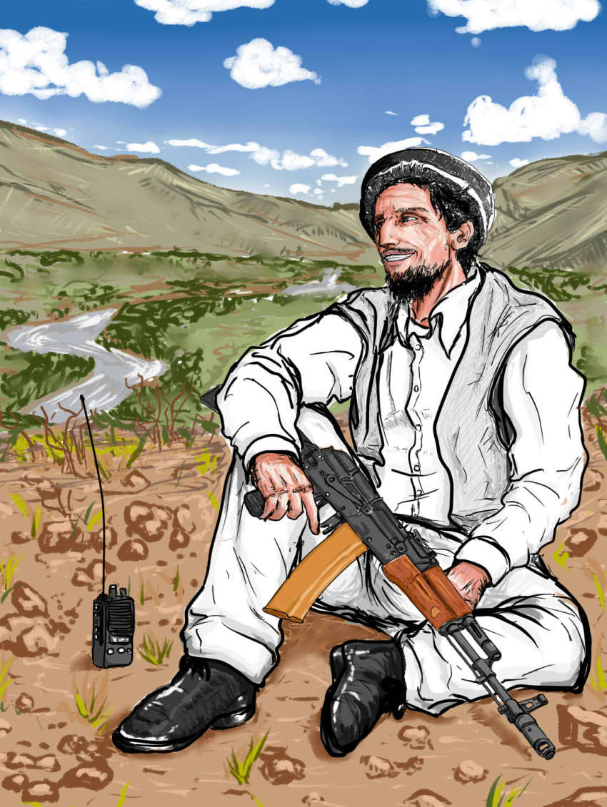 1boy afghanistan ahmad_shah_massoud ak-74 assault_rifle black_hair cloud facial_hair full_body grin gun highres kalashnikov_rifle male_focus nature outdoors plant real_life rifle river sitting sky smile solo weapon
