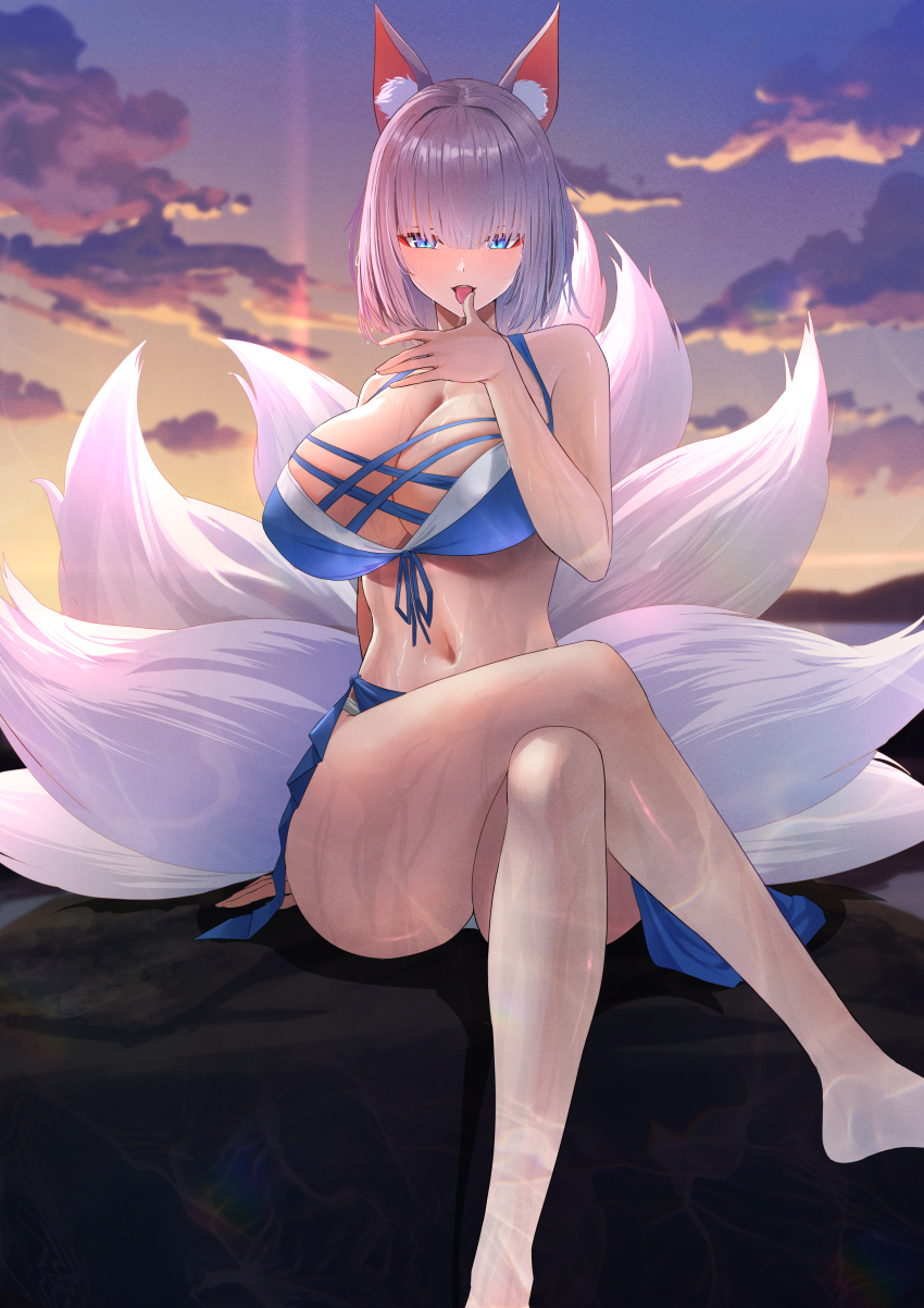 1girl absurdres animal_ear_fluff animal_ears azur_lane bikini blue_bikini blue_eyes blue_sarong breasts cleavage commentary crossed_legs evening fox_ears fox_mask fox_tail highres kaga_(azur_lane) kaga_(everlasting_killing_stone)_(azur_lane) kitsune kyuubi large_breasts large_tail lom_(lom_lom_8) looking_at_viewer mask mask_on_head multiple_tails official_alternate_costume outdoors sarong short_hair solo swimsuit tail white_hair white_tail