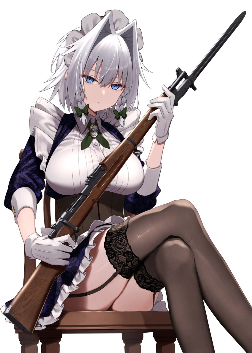 1girl bayonet bolt_action chair crossed_legs feet_out_of_frame greenkohgen gun highres holding holding_gun holding_weapon izayoi_sakuya m1903_springfield on_chair rifle simple_background sitting solo touhou weapon white_background