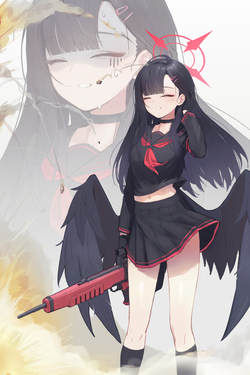 1girl absurdres assault_rifle black_hair black_shirt black_skirt black_wings blue_archive bullpup debris em-2 explosion feathered_wings feet_out_of_frame gun halo highres holding holding_gun holding_weapon ichika_(blue_archive) kabanoki low_wings midriff_peek navel rifle school_uniform serafuku shaded_face shirt skirt smile solo weapon wings zoom_layer