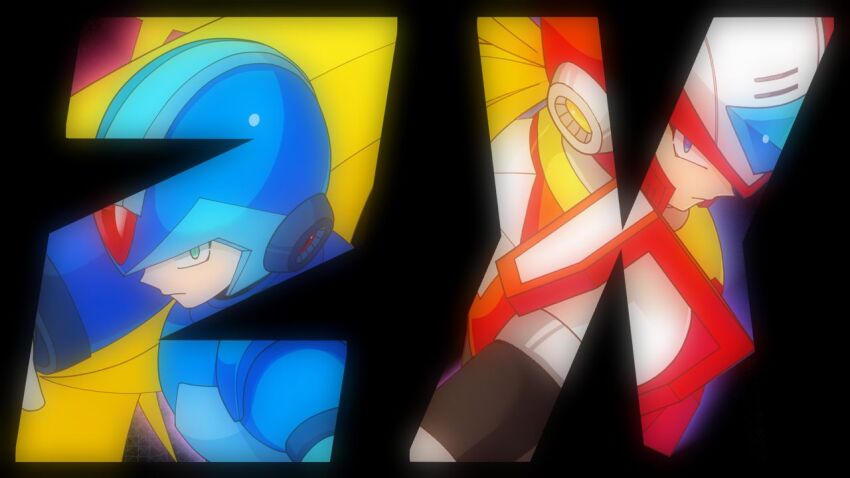 2boys arm_cannon armor blonde_hair blue_armor blue_eyes blue_helmet chest_jewel clenched_hands energy_sword forehead_jewel gloves glowing green_eyes helmet holding holding_sword holding_weapon jewelry long_hair looking_at_viewer male_focus mega_man_(series) mega_man_x_(series) multiple_boys no-rishio ponytail red_armor red_helmet serious shoulder_armor sword twitter_username two_side_up very_long_hair weapon white_gloves x_(mega_man) z_saber zero_(mega_man)