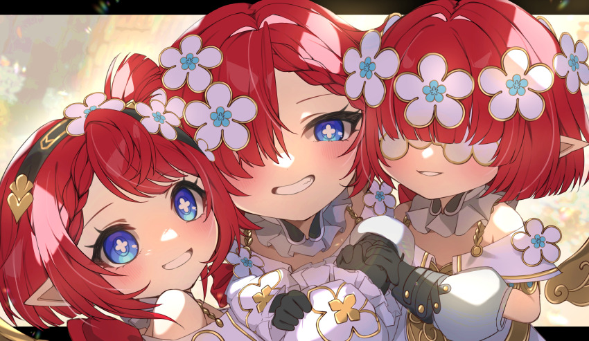 3girls absurdres angel_wings black_gloves black_hairband blue_eyes commentary_request dress gloves hairband head_wreath highres honkai:_star_rail honkai_(series) looking_at_viewer moderate_gold multiple_girls pointy_ears red_hair short_hair smile trianne_(honkai:_star_rail) tribbie_(honkai:_star_rail) trinnon_(honkai:_star_rail) white_blindfold white_dress wings