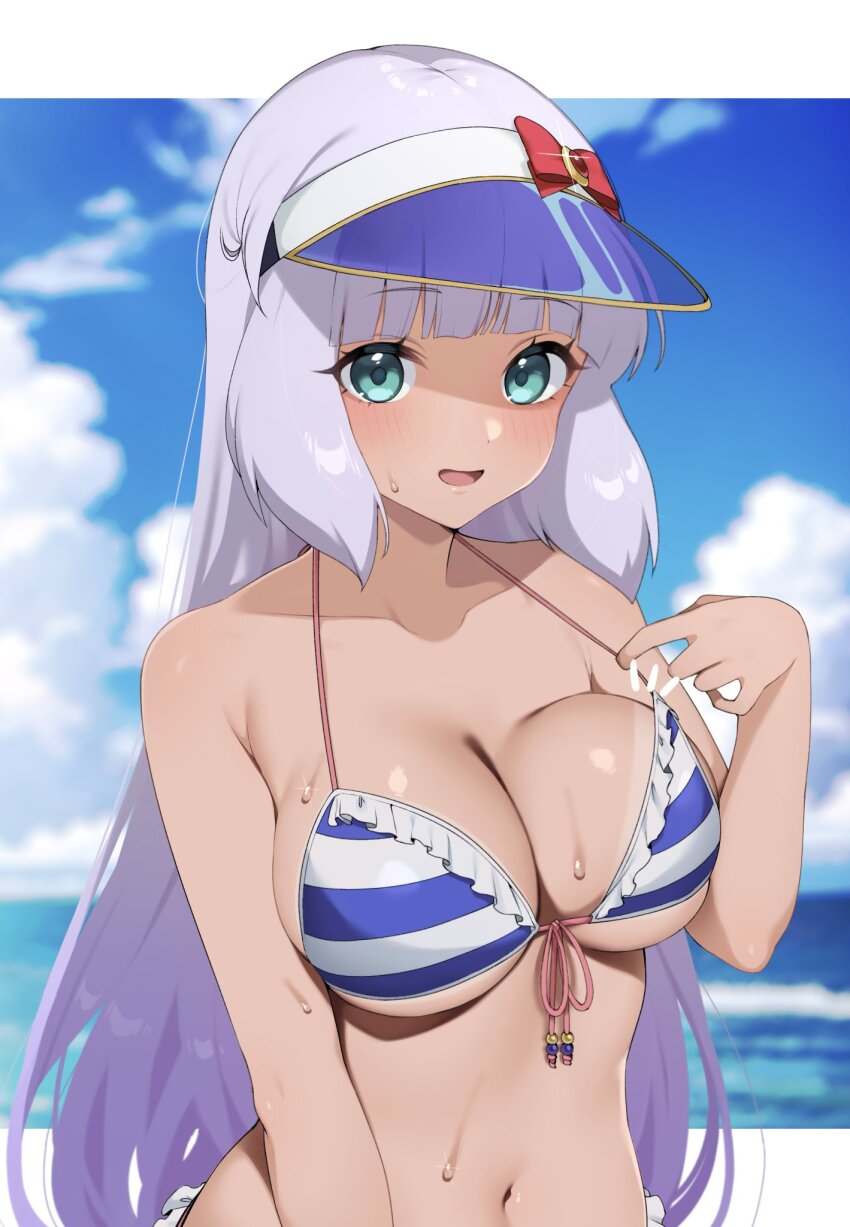1girl bare_arms bare_shoulders bikini blue_bikini blue_sky blunt_bangs blurry blurry_background blush breasts campbell_xx cleavage cloud cloudy_sky commentary_request day frilled_bikini frills front-tie_bikini_top front-tie_top green_eyes gundam gundam_exa halterneck highres large_breasts long_hair looking_at_viewer navel open_mouth purple_hair sky solo sthesia_awar stomach striped_bikini striped_clothes sweat swimsuit tan tanline upper_body visor_cap