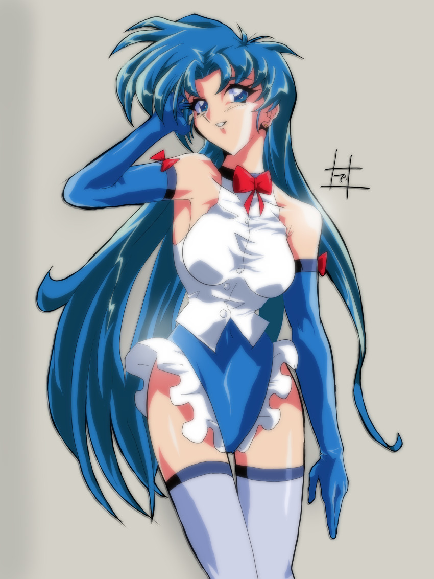1990s_(style) 1girl absurdres aqua_eyes arm_behind_head blue_gloves blue_hair blue_leotard bow bowtie breasts commentary_request covered_navel cowboy_shot earrings frilled_leotard frills gloves grey_background highres jewelry large_breasts leotard long_hair looking_to_the_side milfy multicolored_leotard pc-98_(computer) pc-98_(style) red_bow red_bowtie retro_artstyle sind_ngmhn28 leotard smile solo stud_earrings thighhighs viper_(series) viper_btr white_leotard