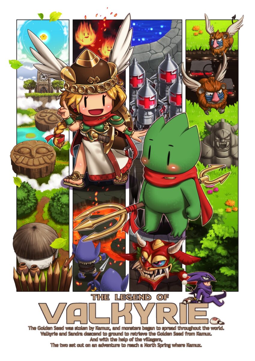 1other 2girls armor bag black_eyes blonde_hair blue_sclera blush bodysuit bracer braid church closed_mouth cloud colored_sclera colored_skin commentary copyright_name demon_tail dollar_sign dress earrings english_text feet floating_island flower flying grass green_skin hair_ribbon hand_up helmet highres holding holding_polearm holding_weapon hood hood_up horns house in-universe_location index_finger_raised jewelry kainan krino_sandra lava long_hair looking_at_another money_bag monster multiple_girls nose open_mouth palisade pauldrons pink_eyes pointy_ears polearm pom_pom_(clothes) purple_bodysuit red_ribbon red_scarf ribbon robot sabine sandals scarf sharp_teeth sheath sheathed shield shield_on_back shoulder_armor side_slit single_braid sitting sky smile spear spikes standing statue storage_pot sun sword tail teeth trident valkyrie_(vnd) valkyrie_no_densetsu water weapon white_dress winged_helmet wings