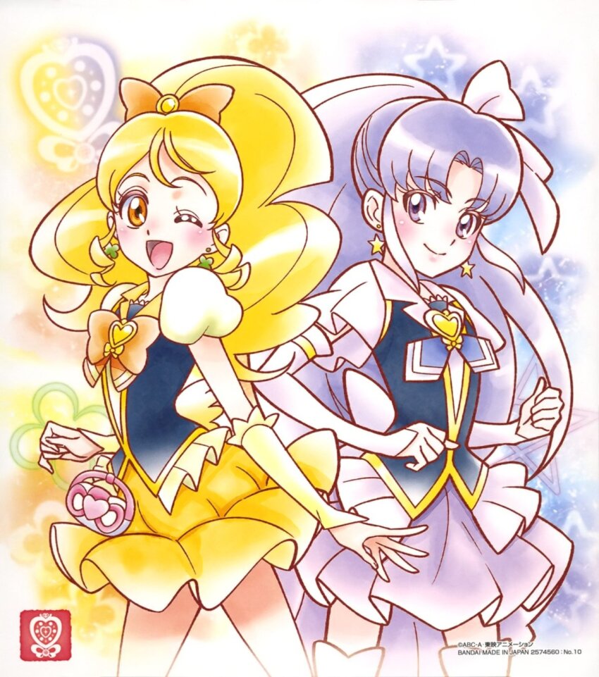 ;d blonde_hair bow bowtie cure_fortune cure_honey earrings elbow_gloves four-leaf_clover_earrings gloves happinesscharge_precure! high_ponytail highres hikawa_iona jewelry long_hair magical_girl official_art one_eye_closed oomori_yuuko open_mouth parted_bangs ponytail pouch precure purple_hair purple_skirt skirt smile star_(symbol) star_earrings third-party_source white_gloves yellow_eyes yellow_skirt