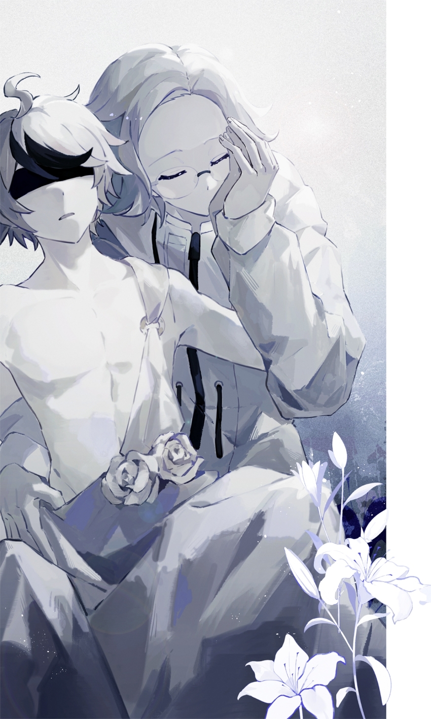 2boys aotsuki_eito asako_(pixiv_5702576) bare_pectorals blindfold closed_eyes clothes_pull coat commentary flipped_hair gradient_background grey_background greyscale hand_up highres holding_hands kiss kissing_hand male_focus monochrome multiple_boys parted_lips pectorals sumino_takumi the_hundred_line_-last_defense_academy- toga white_background white_coat yaoi