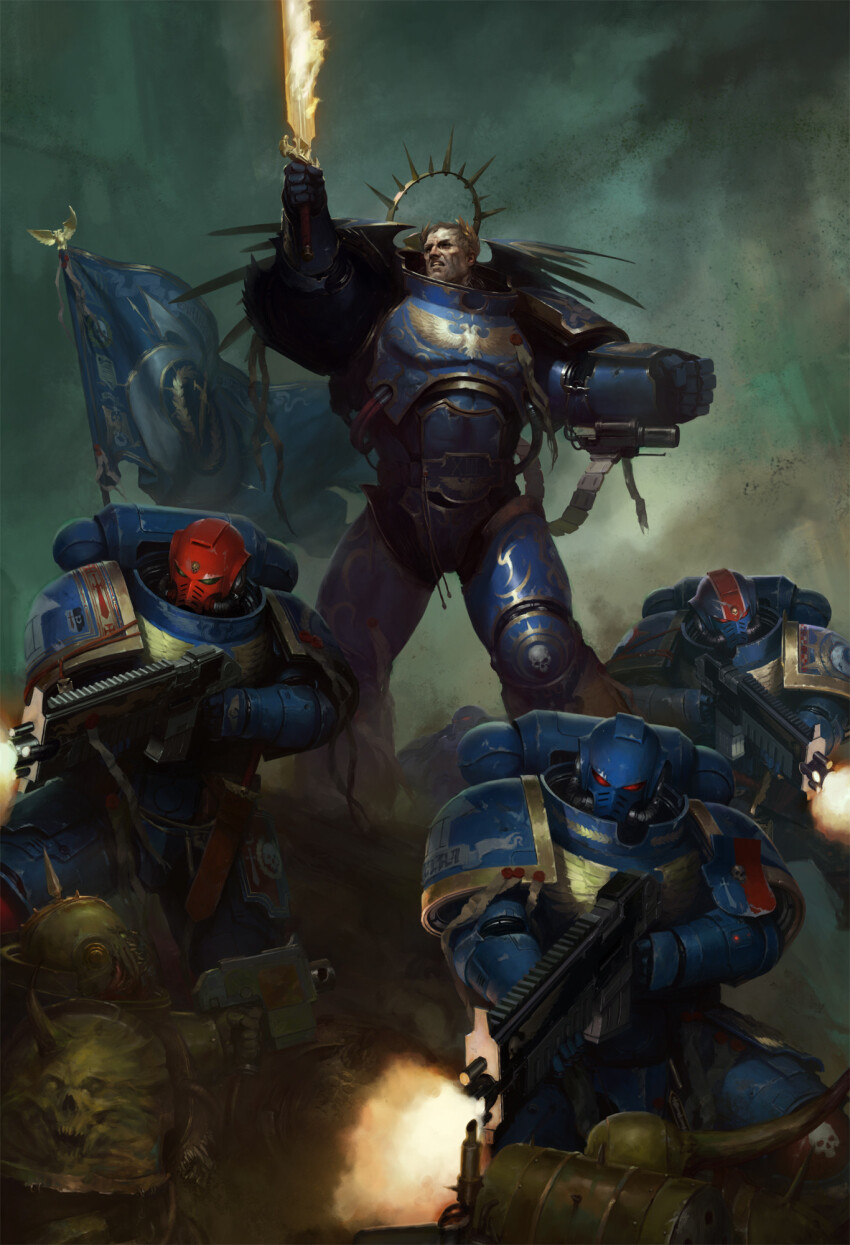 6+boys adeptus_astartes armor armor_of_fate_(warhammer) battle bird blonde_hair blue_armor bug chaos_(warhammer) chaos_space_marine commentary death_guard eagle emperor&#039;s_sword_(warhammer) english_commentary firing full_armor halo highres holding holding_bolter igor_sid imperial_aquila imperium_of_man laurel_crown mechanical_halo multiple_boys official_art outdoors pauldrons plague_marine power_armor primarch purity_seal red_eyes roboute_guilliman rot_fly short_hair shoulder_armor solo_focus standing ultramarines warhammer_40k waving_flag