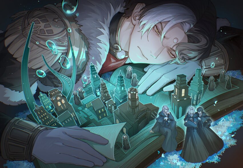4boys 6+others amaurot azem_(ff14) black_robe book brown_hair building city dual_persona emet-selch epaulettes final_fantasy final_fantasy_xiv from_above fur_trim garlean gloves head_rest highres hythlodaeus kotatsu_kaya male_focus multicolored_hair multiple_boys multiple_others open_book pop-up_book robe short_hair size_difference sophist&#039;s_robe_(ff14) third_eye two-tone_hair water_drop white_gloves yellow_eyes