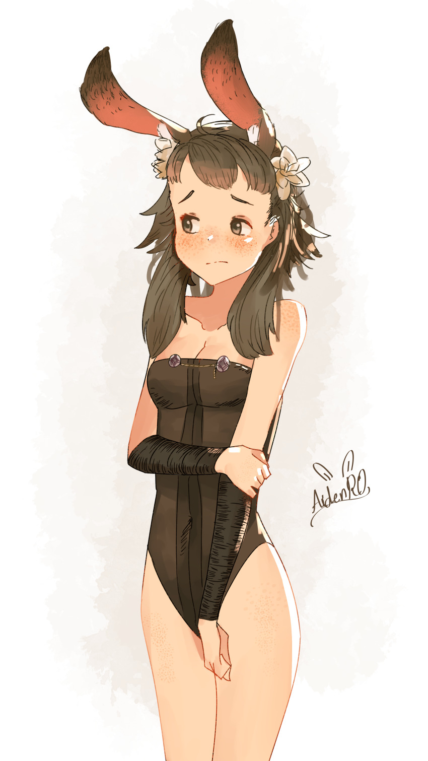 1girl absurdres alternate_costume animal_ear_fluff arm_wrap artist_name averting_eyes bare_shoulders blush body_freckles breasts brown_hair brown_leotard cleavage closed_mouth collarbone covered_navel cowboy_shot female_focus fire_emblem fire_emblem_fates flower freckles hair_flower hair_ornament hand_up highres holding_own_arm legs_together leotard looking_to_the_side medium_hair mozu_(fire_emblem) nintendo nose_blush playboy_bunny rabbit_ears rabbit_girl raised_eyebrows signature simple_background small_breasts solo spindle_(aidenr0) split_mouth standing strapless strapless_leotard thighs white_background white_flower