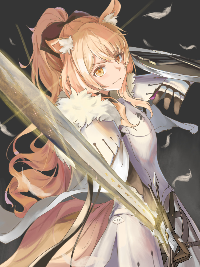 1girl absurdres animal_ear_fluff animal_ears arknights arm_guards armor belt black_background black_bow black_gloves blemishine_(arknights) blonde_hair bow brown_eyes cape closed_mouth commentary_request feathers full_armor fur-trimmed_cape fur_trim gloves hair_bow high_ponytail highres holding holding_sword holding_weapon horse_ears horse_girl horse_tail jierman kingdom_of_kazimierz_logo long_hair looking_at_viewer ponytail shield sidelocks simple_background solo sword tail thighhighs upper_body v-shaped_eyebrows weapon white_cape