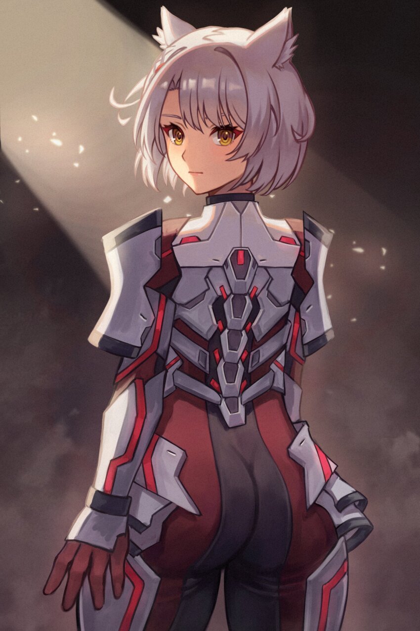 1girl 20060715 absurdres animal_ear_fluff animal_ears armor ass black_bodysuit bodysuit cat_ears cat_girl closed_mouth expressionless grey_background grey_hair highres looking_back m_(xenoblade) parted_bangs red_bodysuit short_hair solo two-tone_bodysuit xenoblade_chronicles_(series) xenoblade_chronicles_3 yellow_eyes
