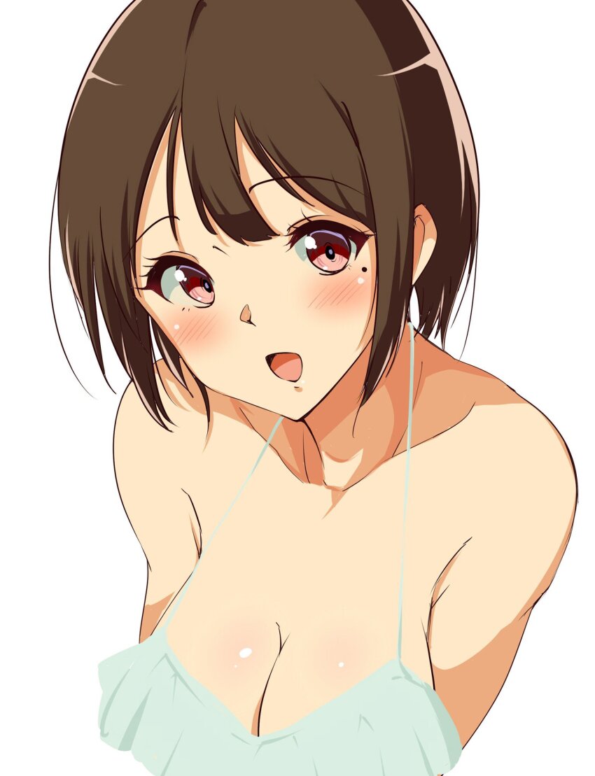 1girl bikini breasts brown_hair cleavage frilled_bikini frills hibike!_euphonium highres kanmuri_neko large_breasts looking_at_viewer medium_hair mole mole_under_eye nakaseko_kaori red_eyes smile swimsuit white_background white_bikini