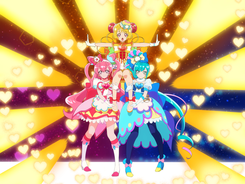 3girls ankle_boots back_bow blonde_hair blue_bow blue_footwear blue_hair blue_pantyhose boots bow brooch bun_cover china_dress chinese_clothes choker closed_mouth commentary cone_hair_bun cure_precious cure_spicy cure_yum-yum delicious_party_precure double_bun dress earrings flats frown fuwa_kokone gloves green_eyes hair_bow hair_bun hair_rings hanamichi_ran heart heart_brooch highres huge_bow jewelry knee_boots kome-kome lifting_person light_rays long_hair looking_at_viewer magical_girl mem-mem_(precure) multiple_girls nagomi_yui on_kazu open_mouth orange_bow orange_dress orange_shoes outstretched_arms pam-pam pantyhose pink_dress pink_hair precure puffy_short_sleeves puffy_sleeves purple_eyes red_bow red_choker red_eyes rope shoes short_dress short_hair short_sleeves side_ponytail single_hair_ring smile sparkle spread_arms standing triple_bun two_side_up very_long_hair white_footwear white_gloves yellow_bow