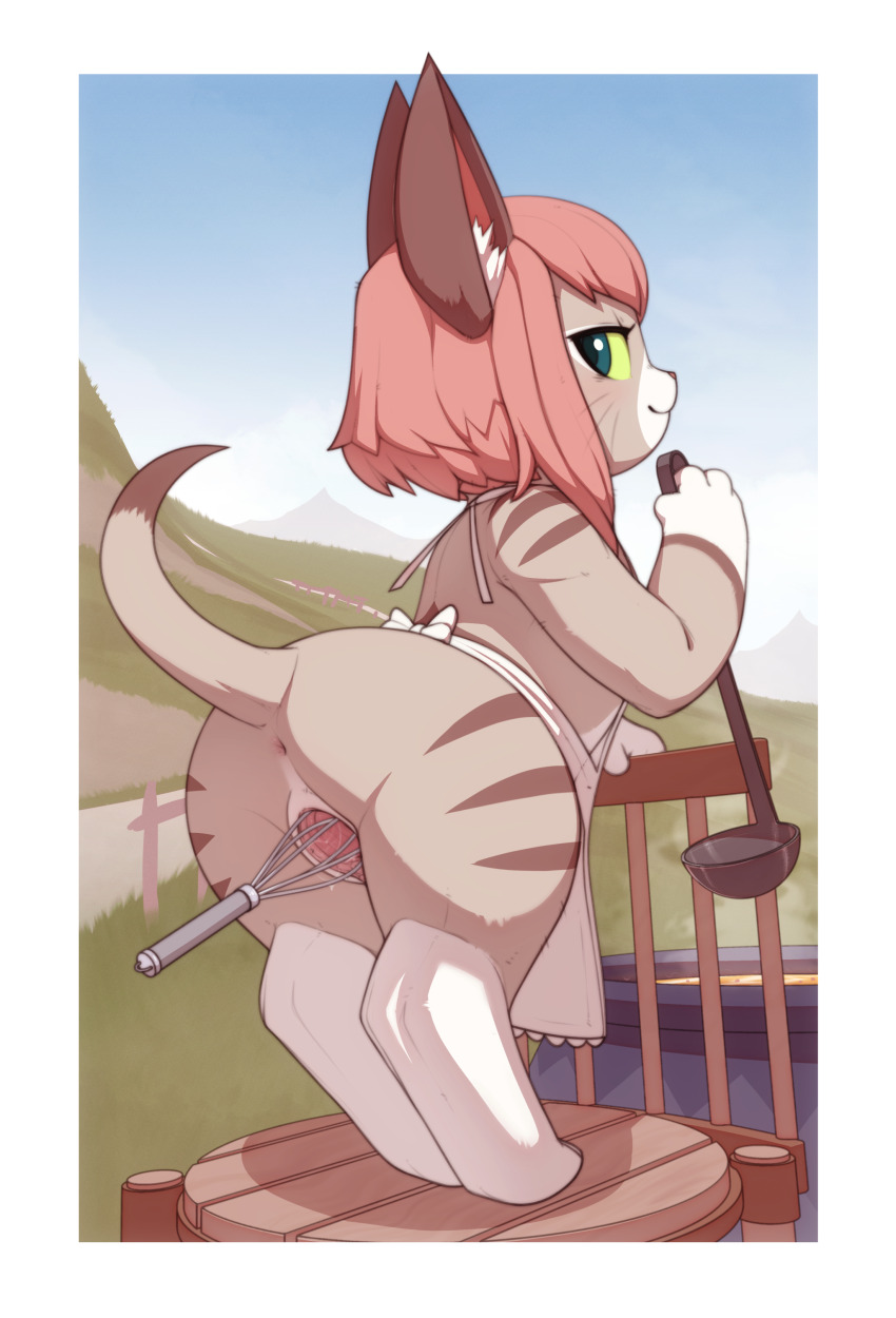 1girl absurdres animal_ear_fluff animal_focus anus apron ass border closed_mouth from_behind furry furry_female green_eyes highres kekitopu ladle looking_at_viewer looking_back monster_hunter_(series) monster_hunter_stories_2 object_insertion pink_hair pussy short_hair solo tsukino_(monster_hunter) uncensored vaginal vaginal_object_insertion whisk white_border