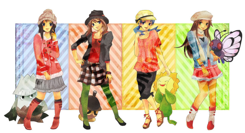 00s 1990s_(style) 4girls alternate_costume artist_request bad_id bad_pixiv_id beanie butterfree coat dawn_(pokemon) gen_1_pokemon gen_2_pokemon gen_3_pokemon gen_4_pokemon hat kris_(pokemon) leaf_(pokemon) looking_down may_(pokemon) multiple_girls nintendo pantyhose pokemon pokemon_(creature) pokemon_dppt pokemon_frlg pokemon_gsc pokemon_rse retro_artstyle ribbon scarf seasons seedot skirt snover standing sunflora thighhighs winter_clothes
