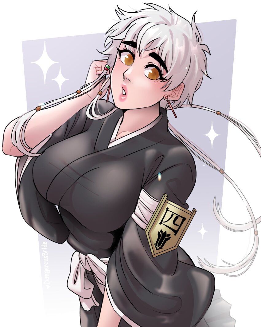 1girl absurdres bleach breasts dangerousbride earrings highres jewelry kotetsu_isane lips looking_at_viewer robe short_hair solo white_hair