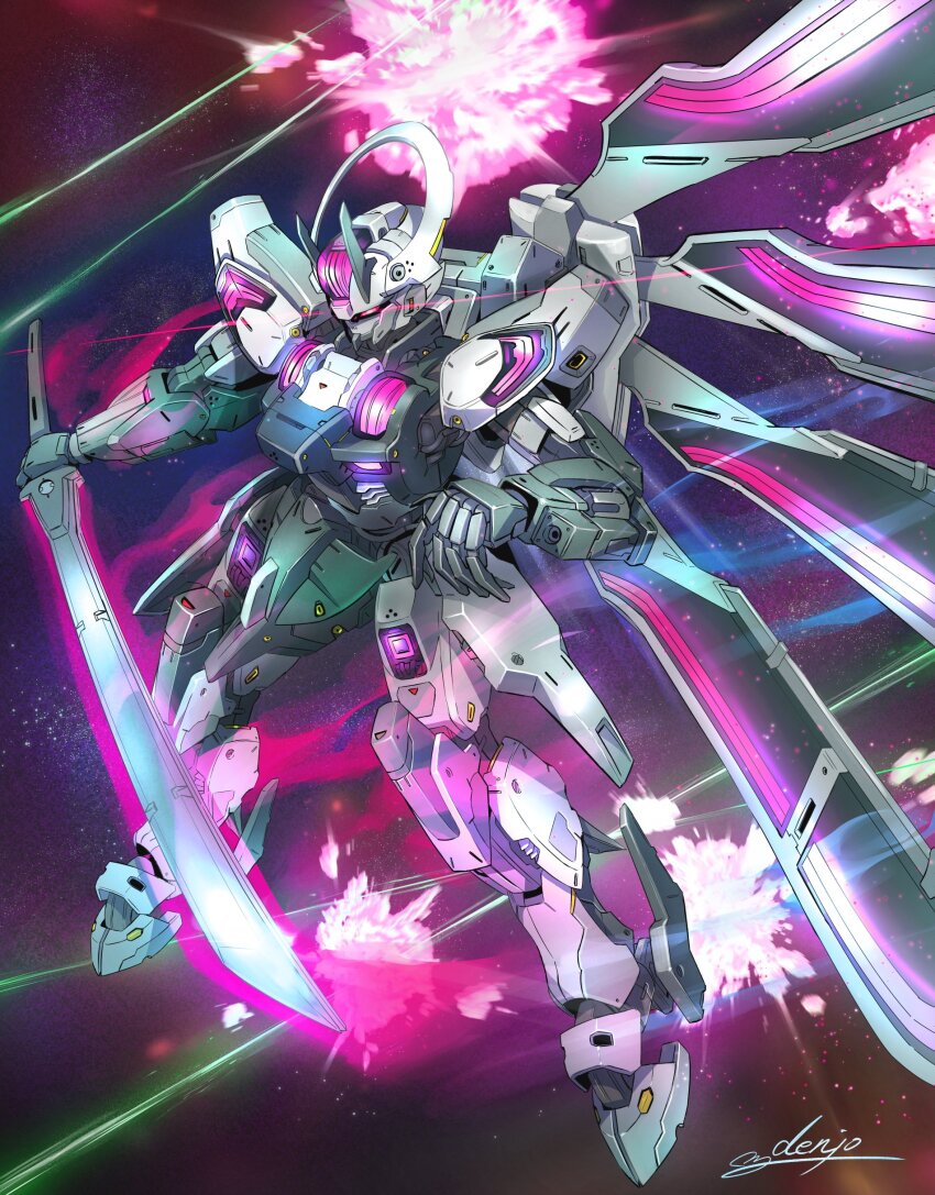 absurdres commentary_request denjyou23 explosion glowing gundam gundam_schwarzette gundam_suisei_no_majo highres holding holding_sword holding_weapon mecha mobile_suit no_humans purple_eyes robot science_fiction signature solo space sword weapon