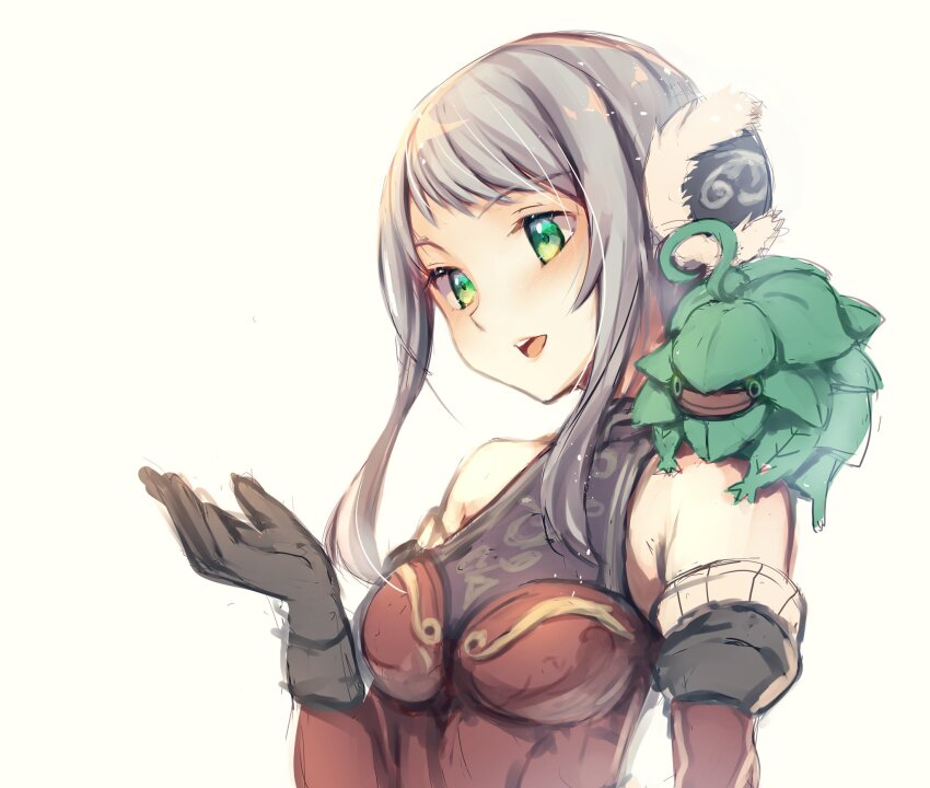 1girl :d arciela_v_adoulin bare_shoulders black_gloves blush breasts covered_collarbone creature detached_sleeves earmuffs eyelashes final_fantasy final_fantasy_xi fur_trim gloves green_eyes green_pupils grey_hair hand_up highres leaf leafkin light_particles long_hair long_sleeves medium_breasts mu_su_me_bot on_shoulder open_mouth red_sleeves simple_background smile solo teeth upper_body upper_teeth_only white_background