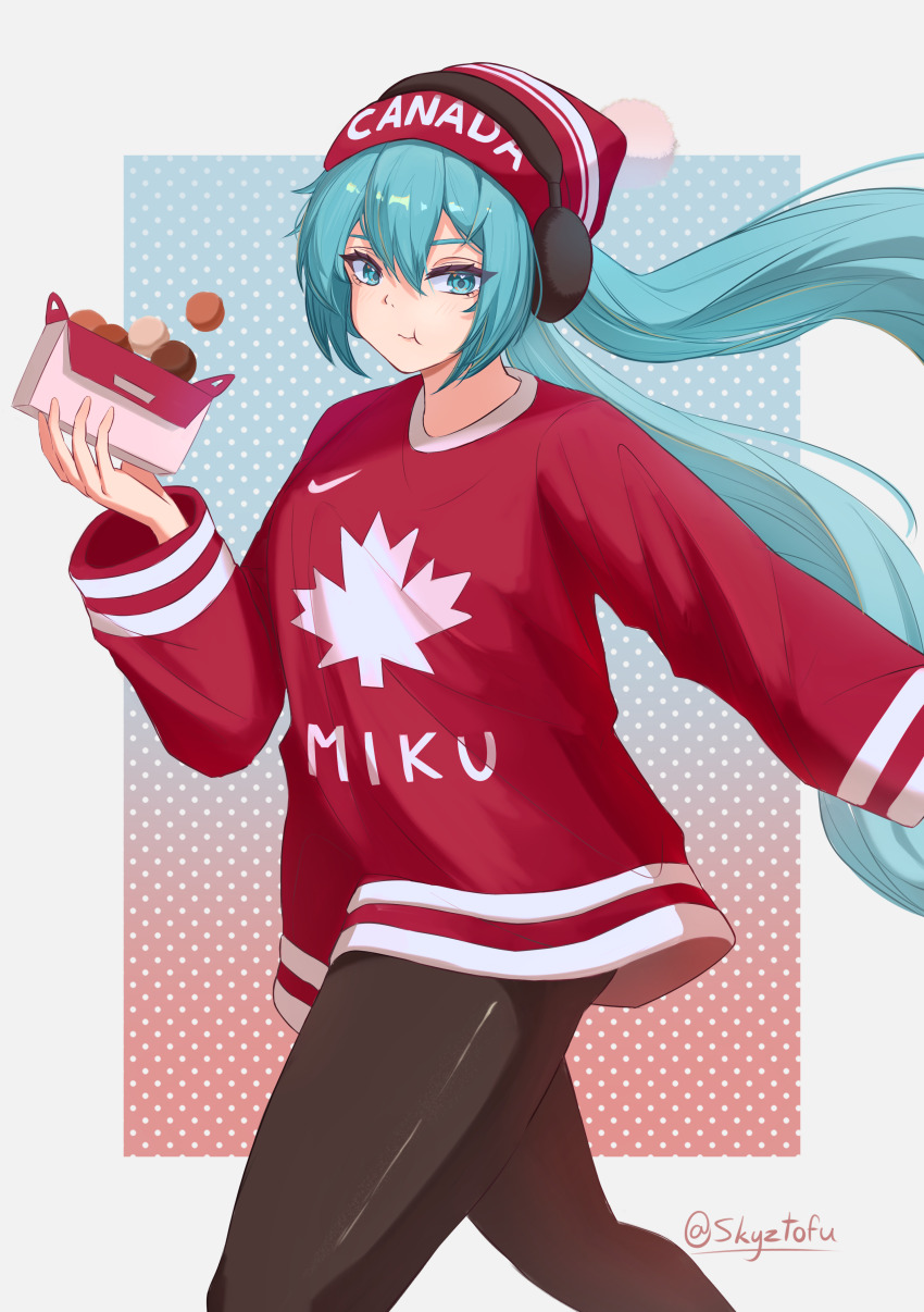 1girl :t absurdres aqua_eyes aqua_hair artist_name beanie black_pantyhose border box canada character_name closed_mouth donut earmuffs eating feet_out_of_frame floating_hair food gradient_background hair_between_eyes hat hatsune_miku highres holding holding_box leaf_print light_blush long_hair long_sleeves looking_at_viewer maple_leaf_print outside_border pantyhose pom_pom_(clothes) pom_pom_beanie print_shirt red_hat red_shirt shirt skytofu solo standing thighs twintails very_long_hair vocaloid walking white_border worldwide_miku