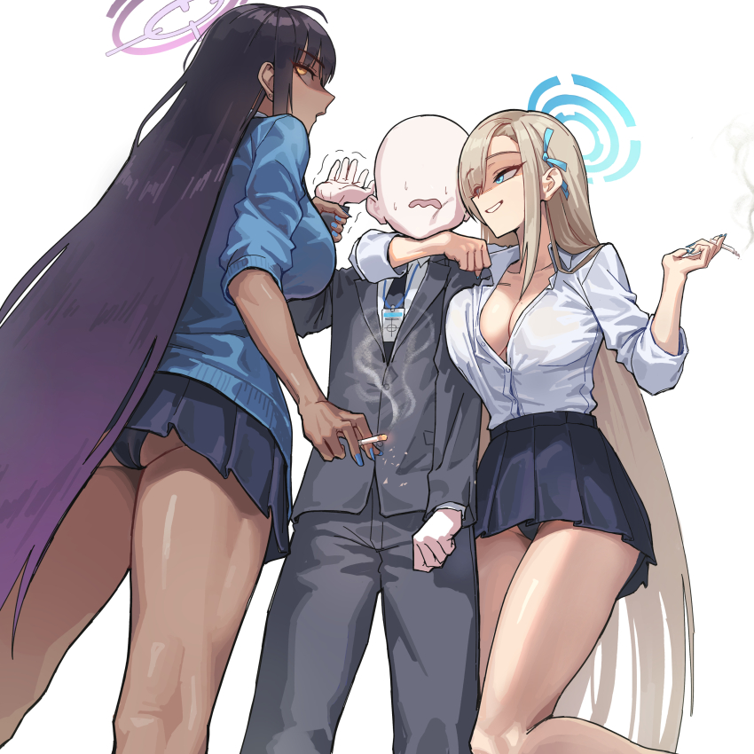 1boy 2girls absurdres arm_around_shoulder asuna_(blue_archive) asuna_(school_uniform)_(blue_archive) bald black_hair black_panties black_skirt black_suit blue_archive blue_cardigan breasts brown_hair cardigan cleavage dark-skinned_female dark_skin evil_smile faceless faceless_male formal_clothes from_below gyaru halo highres karin_(blue_archive) karin_(school_uniform)_(blue_archive) kogal ksksksa large_breasts looking_at_another miniskirt multiple_girls official_alternate_costume panties pantyshot pleated_skirt purple_hair school_uniform shaded_face shirt simple_background skirt smile smoking straight_hair suit tobacco underwear white_background white_shirt