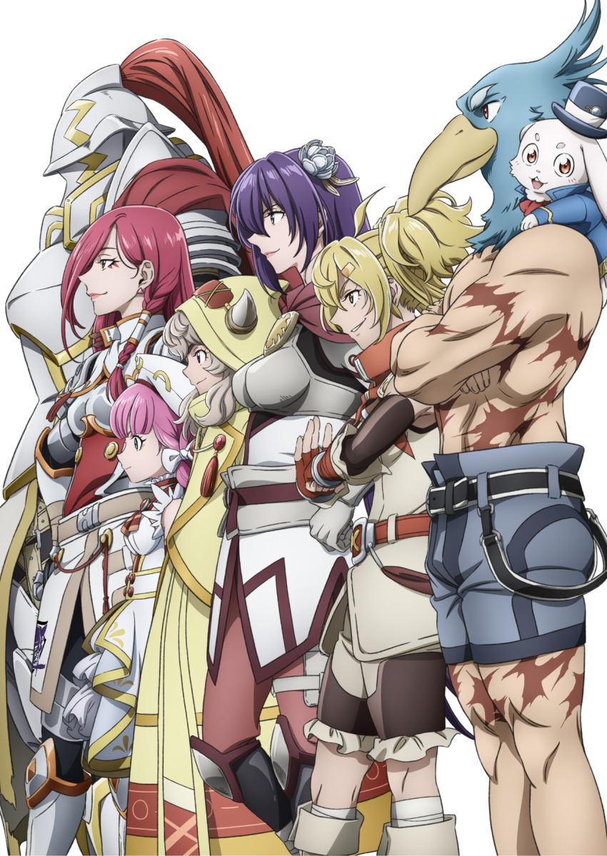 1boy 6+girls anime_coloring armor arthur_pencilgon_(shangri-la_frontier) belt blonde_hair blue_pants character_request crossed_arms emul_(shangri-la_frontier) flower full_armor hair_flower hair_ornament hat highres hood horned_hood horns multiple_girls official_art oikatzo_(shangri-la_frontier) pants pink_hair plume purple_hair red_hair shangri-la_frontier smile sunraku_(shangri-la_frontier) top_hat uomi_kei vysache_(shangri-la_frontier) white_background