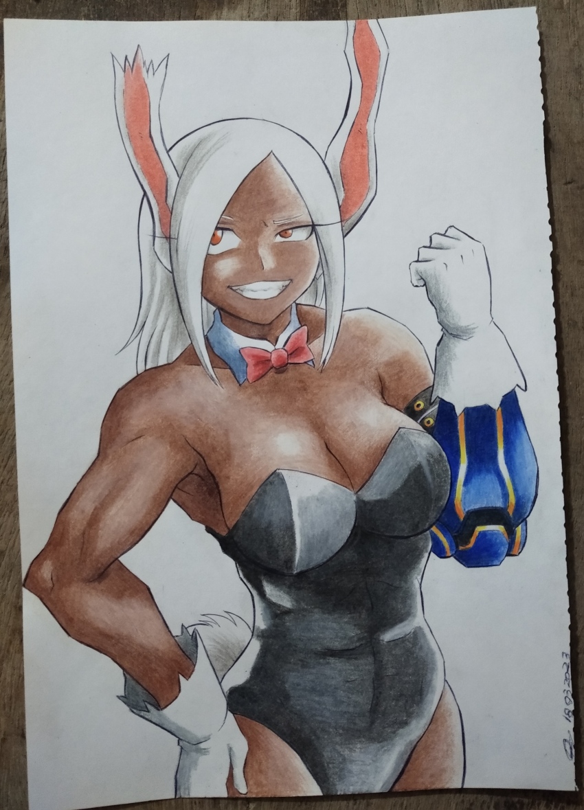 absurdres animal_ears armpits bare_shoulders boku_no_hero_academia bow bowtie breasts brown_eyes cleavage commentary dark-skinned_female dark_skin detached_collar english_commentary gloves hand_on_own_hip highres large_breasts leotard long_eyelashes long_hair mechanical_arms mirko muscular muscular_female naughty_face neck photo_(medium) playboy_bunny punching rabbit_ears rabbit_tail red_ribbon ribbon self-upload shine shiny_skin single_mechanical_arm tail traditional_media white_gloves white_hair yamidanight