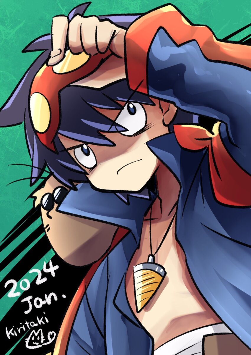 1boy artist_name black_hair blue_eyes blue_jacket boota_(ttgl) closed_mouth dated drill goggles goggles_on_head hair_between_eyes highres jacket jewelry kiritaki long_sleeves male_focus necklace open_clothes open_jacket short_hair simon_(ttgl) tengen_toppa_gurren_lagann upper_body