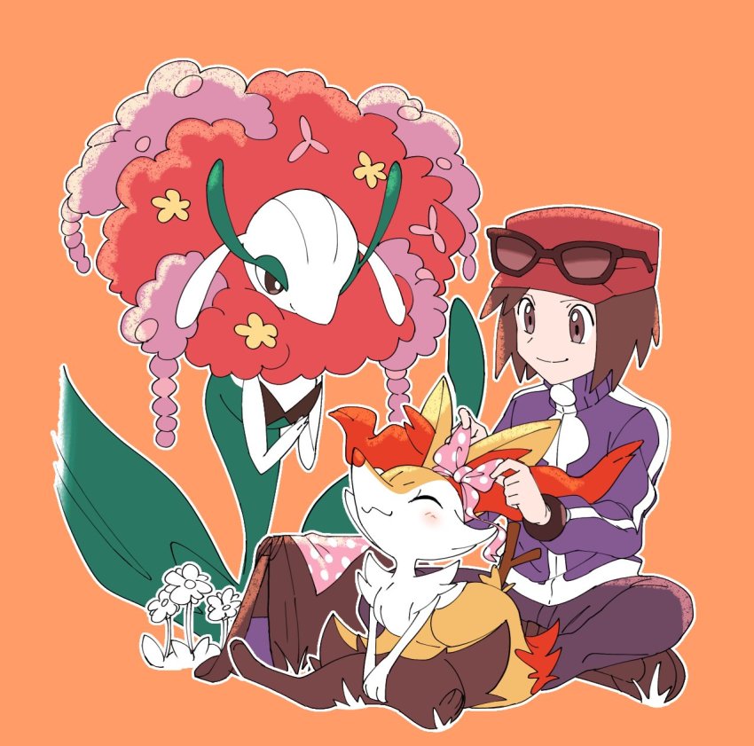 1boy animal_ear_fluff bow bracelet braixen brown_eyes brown_footwear brown_hair calem_(pokemon) closed_mouth commentary_request eyewear_on_headwear florges florges_(red_flower) gen_6_pokemon hat highres hungry_seishin jacket jewelry long_sleeves looking_down male_focus nintendo orange_background outline pants pokemon pokemon_(creature) pokemon_xy polka_dot polka_dot_bow red_headwear shoes short_hair simple_background sitting smile sunglasses turtleneck turtleneck_jacket